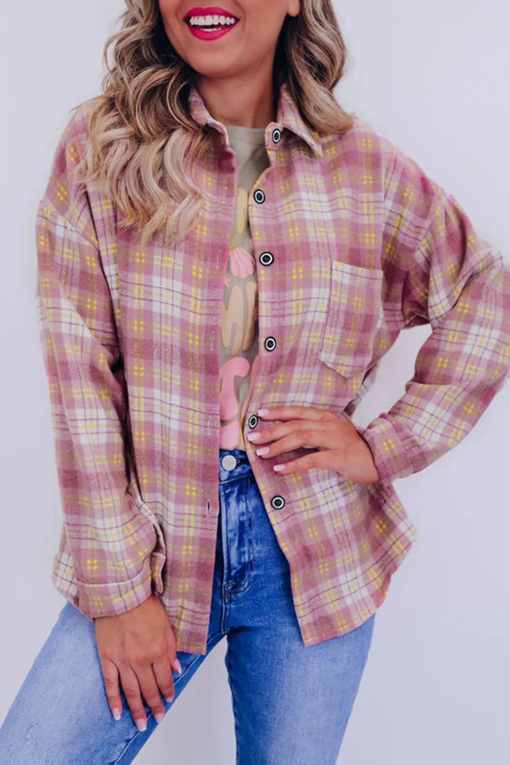 Pink Plaid Print Chest Pocket Long Sleeve Shacket eAura