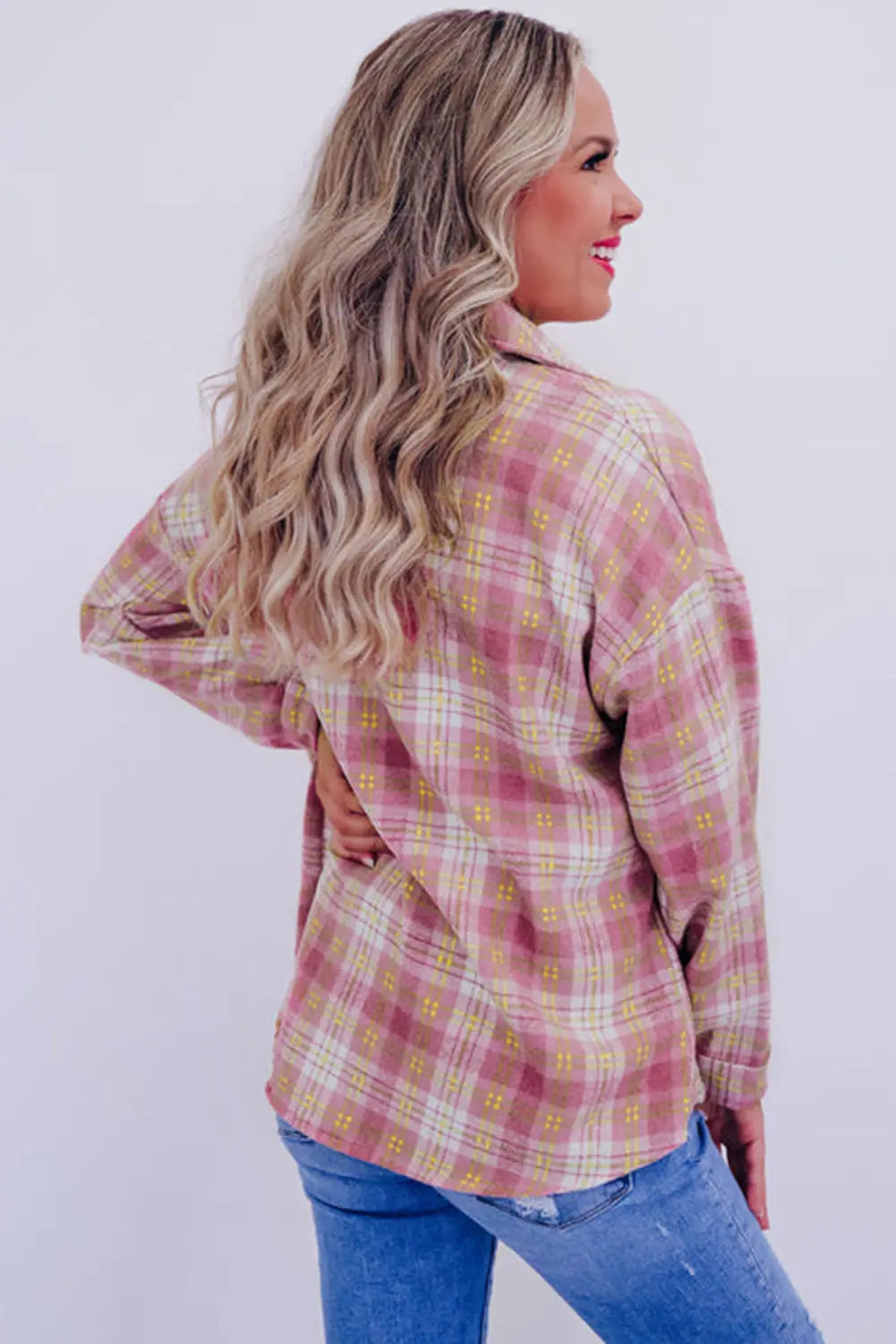Pink Plaid Print Chest Pocket Long Sleeve Shacket eAura
