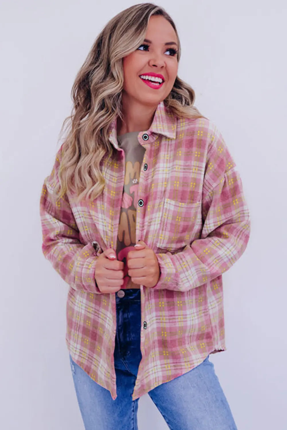 Pink Plaid Print Chest Pocket Long Sleeve Shacket eAura