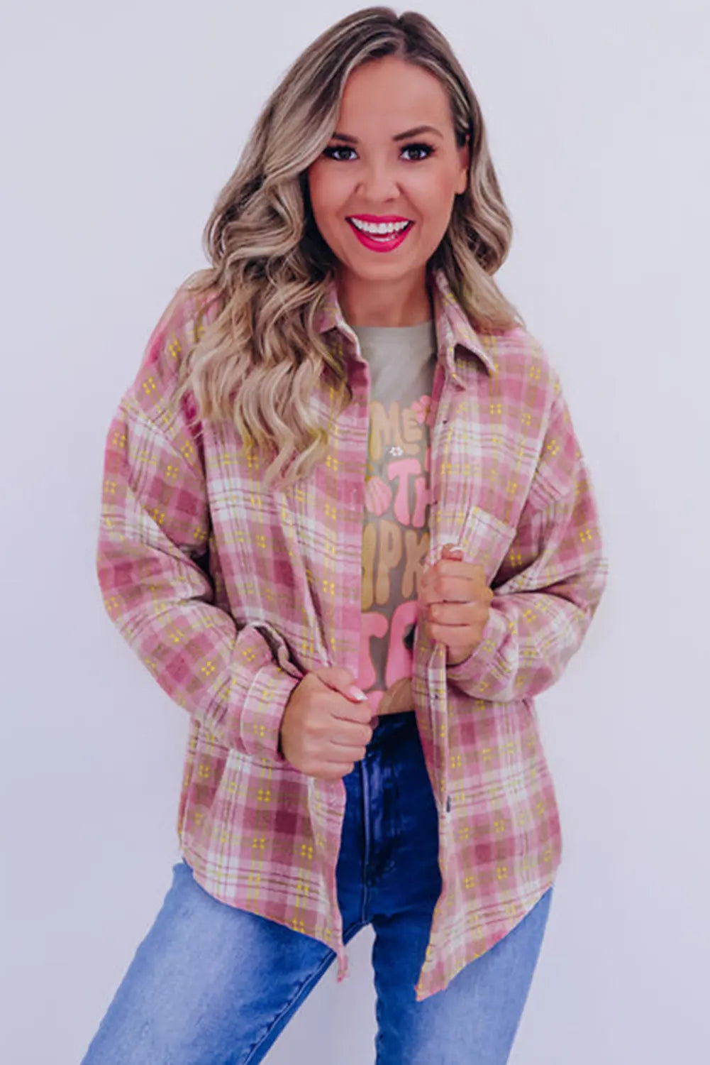 Pink Plaid Print Chest Pocket Long Sleeve Shacket eAura