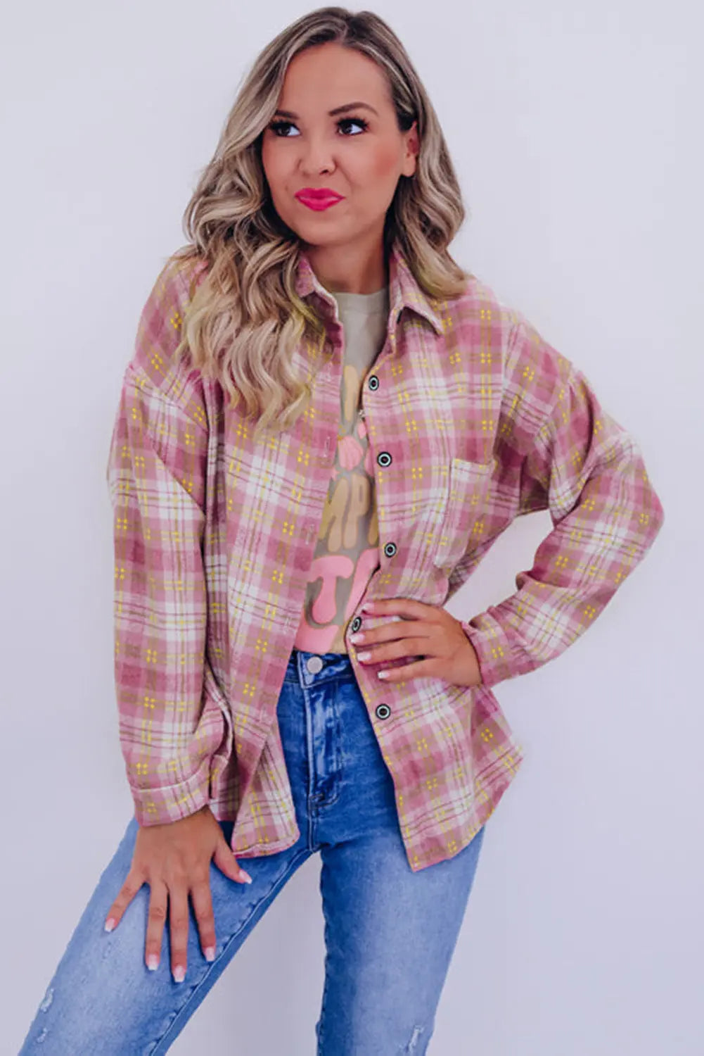 Pink Plaid Print Chest Pocket Long Sleeve Shacket eAura
