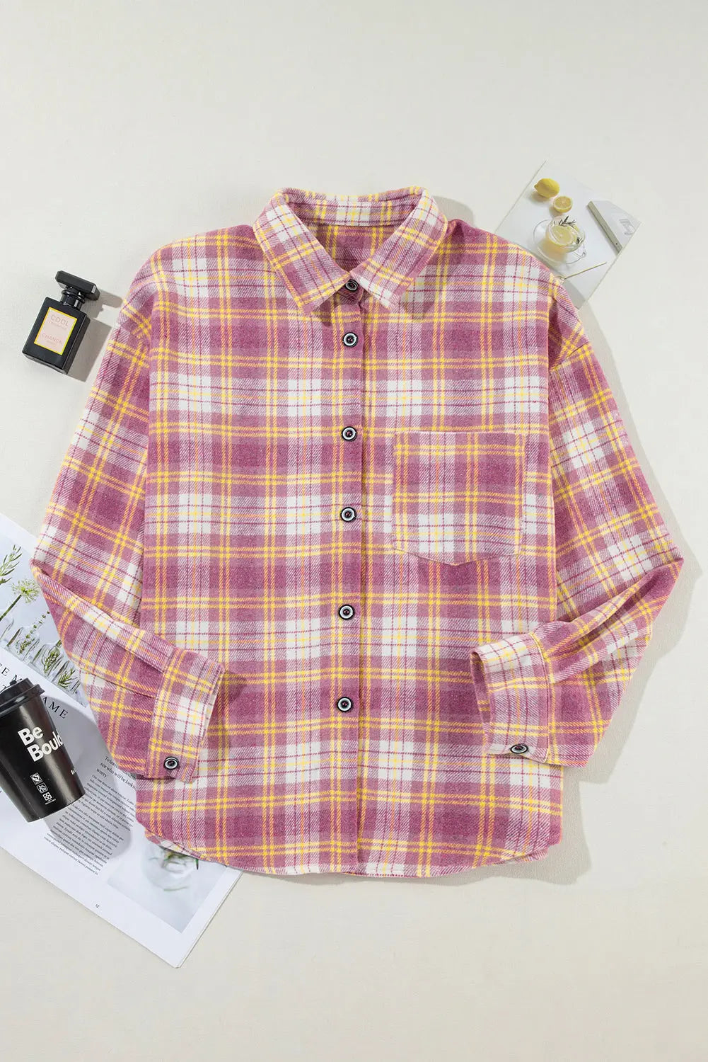Pink Plaid Print Chest Pocket Long Sleeve Shacket eAura