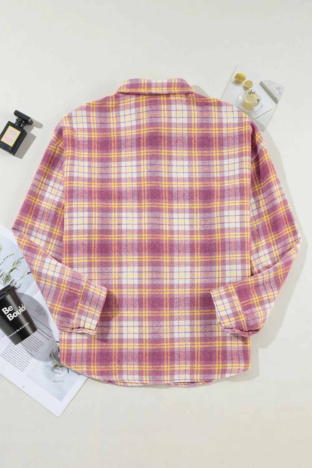 Pink Plaid Print Chest Pocket Long Sleeve Shacket eAura