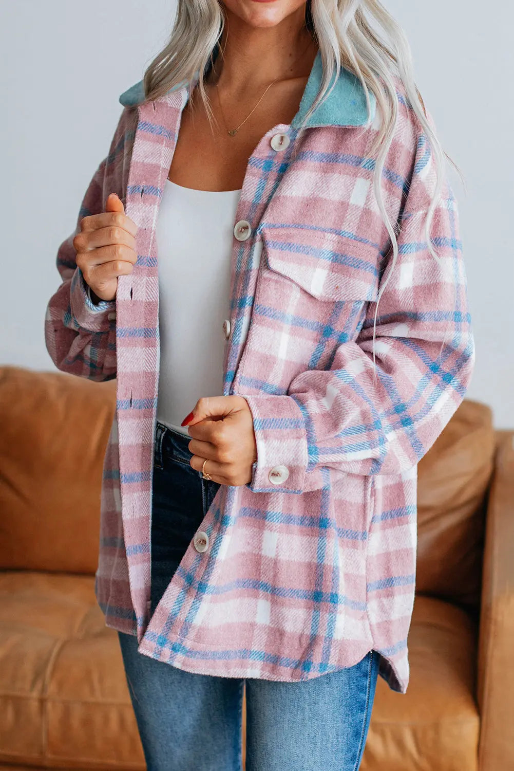 Pink Plaid Print Colour Block Collared Flap Pockets Loose Shacket Beagle Boutique Fashion Outlet