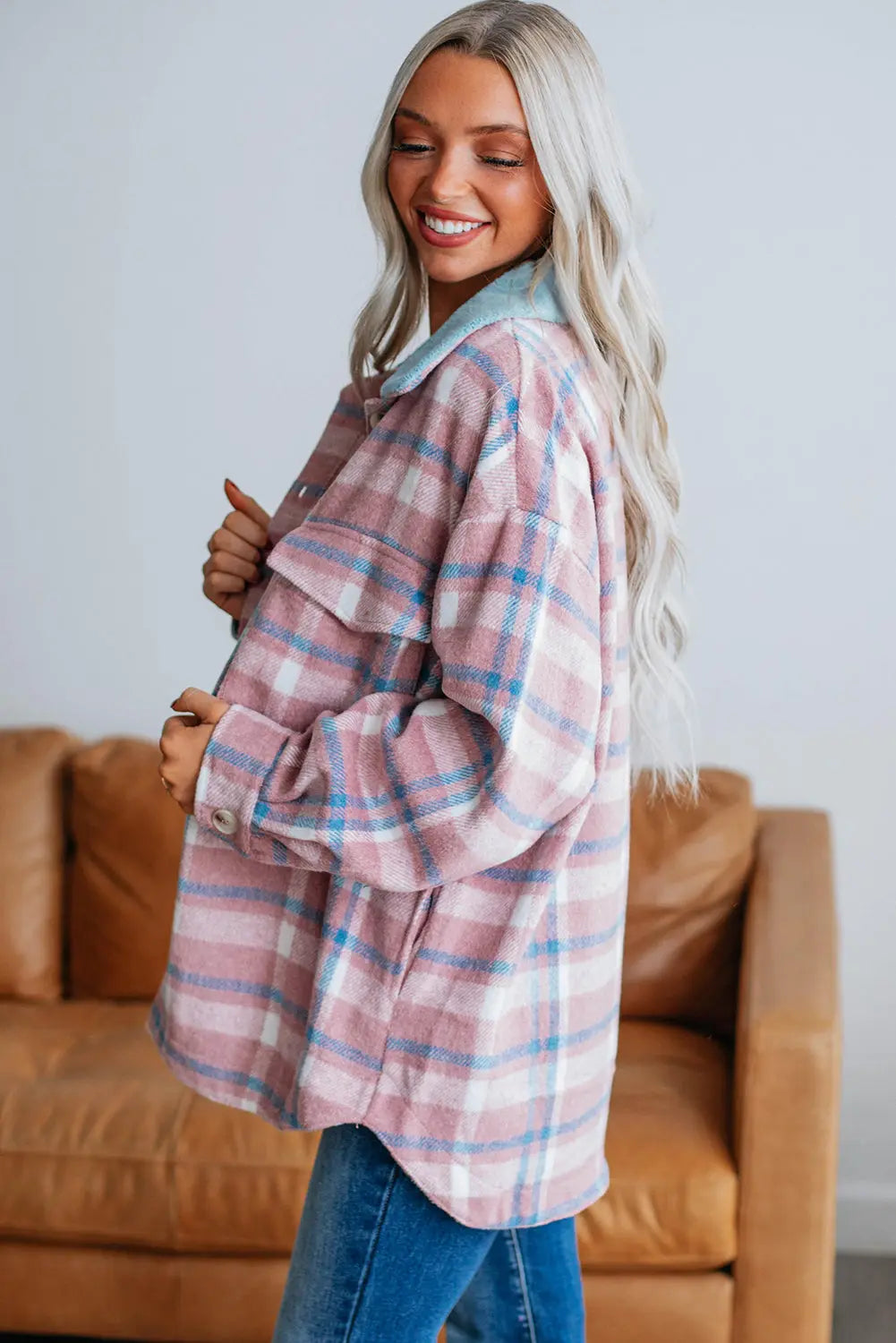 Pink Plaid Print Colour Block Collared Flap Pockets Loose Shacket Beagle Boutique Fashion Outlet