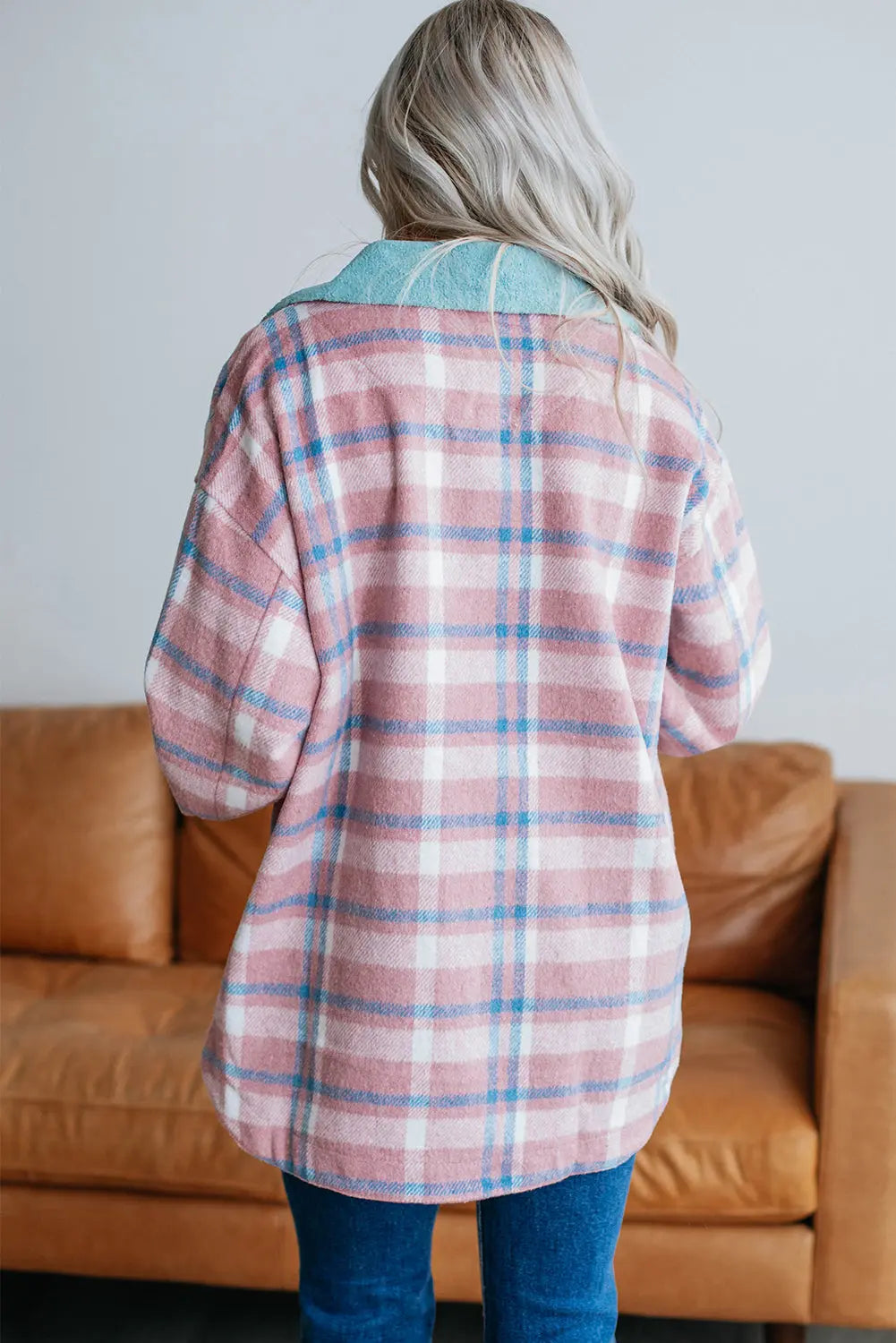 Pink Plaid Print Colour Block Collared Flap Pockets Loose Shacket Beagle Boutique Fashion Outlet