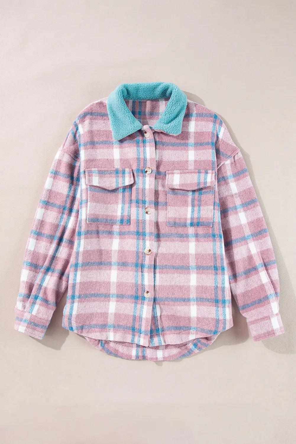 Pink Plaid Print Colour Block Collared Flap Pockets Loose Shacket Beagle Boutique Fashion Outlet