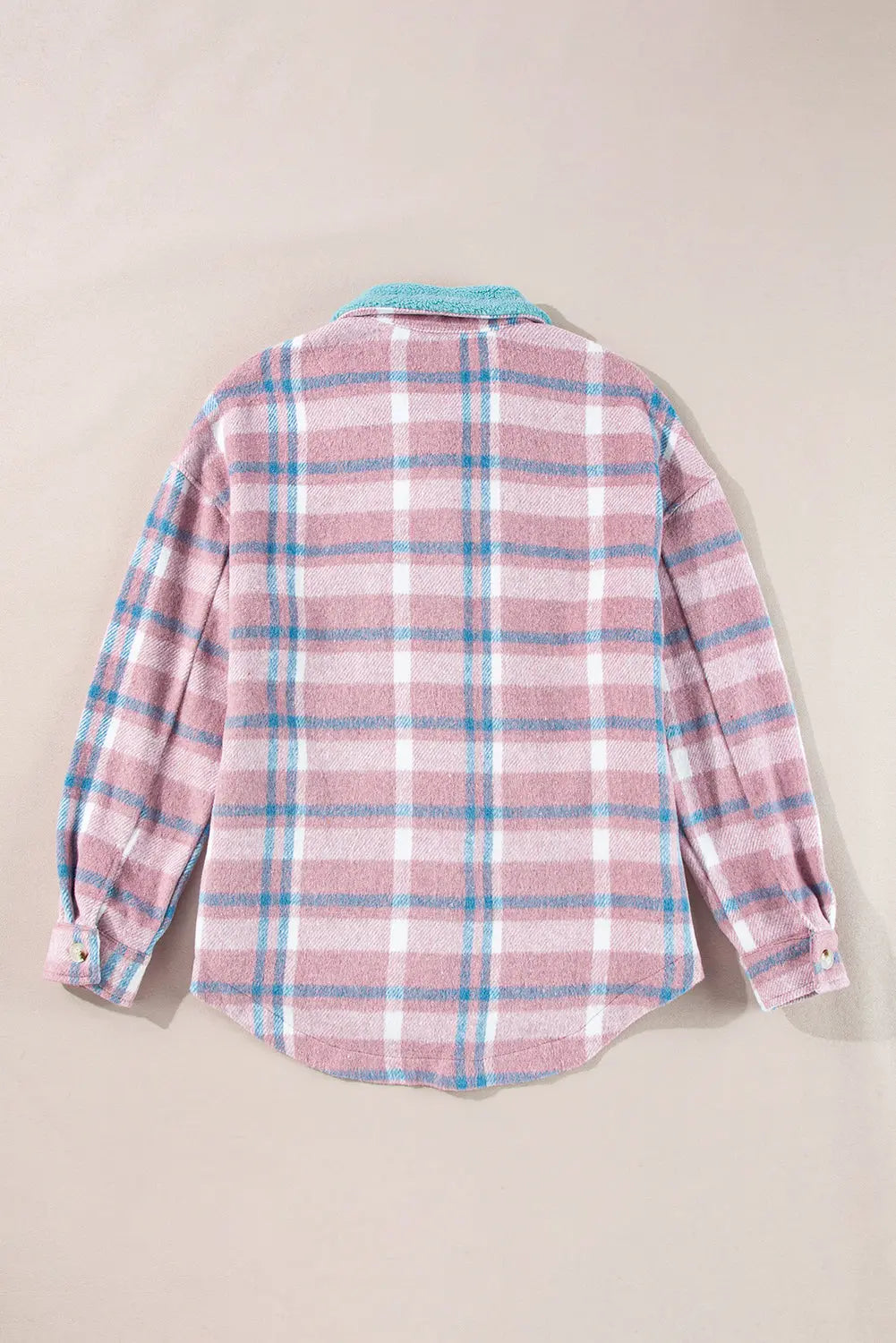 Pink Plaid Print Colour Block Collared Flap Pockets Loose Shacket Beagle Boutique Fashion Outlet