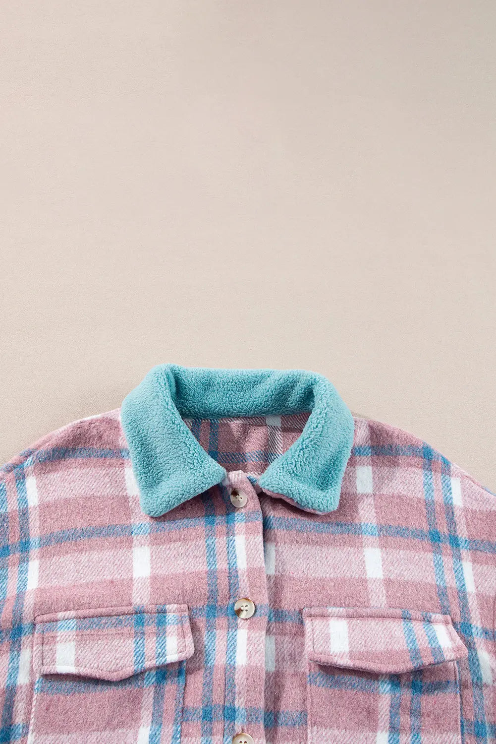 Pink Plaid Print Colour Block Collared Flap Pockets Loose Shacket Beagle Boutique Fashion Outlet