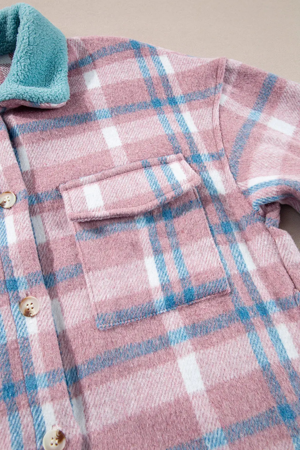 Pink Plaid Print Colour Block Collared Flap Pockets Loose Shacket Beagle Boutique Fashion Outlet