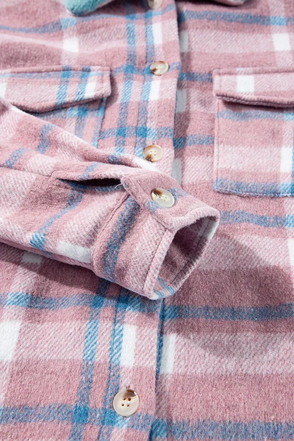 Pink Plaid Print Colour Block Collared Flap Pockets Loose Shacket Beagle Boutique Fashion Outlet