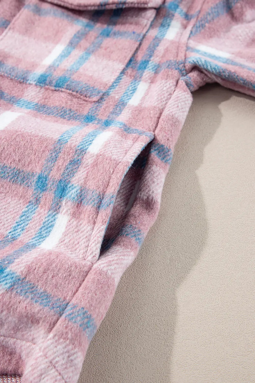 Pink Plaid Print Colour Block Collared Flap Pockets Loose Shacket Beagle Boutique Fashion Outlet