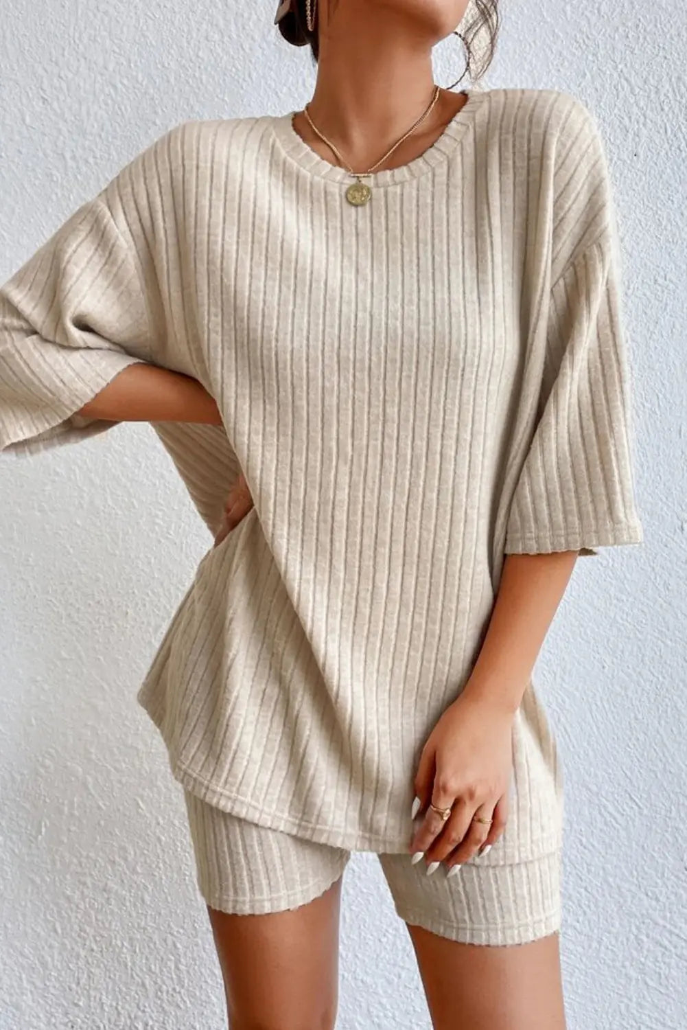 Pink Plain Ribbed Loose Fit Two Piece Lounge Set eAura