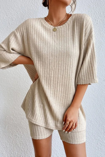 Pink Plain Ribbed Loose Fit Two Piece Lounge Set eAura