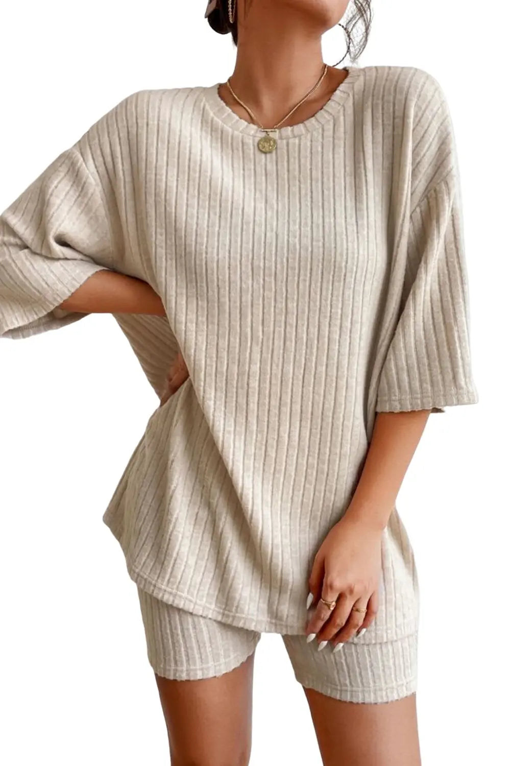 Pink Plain Ribbed Loose Fit Two Piece Lounge Set eAura