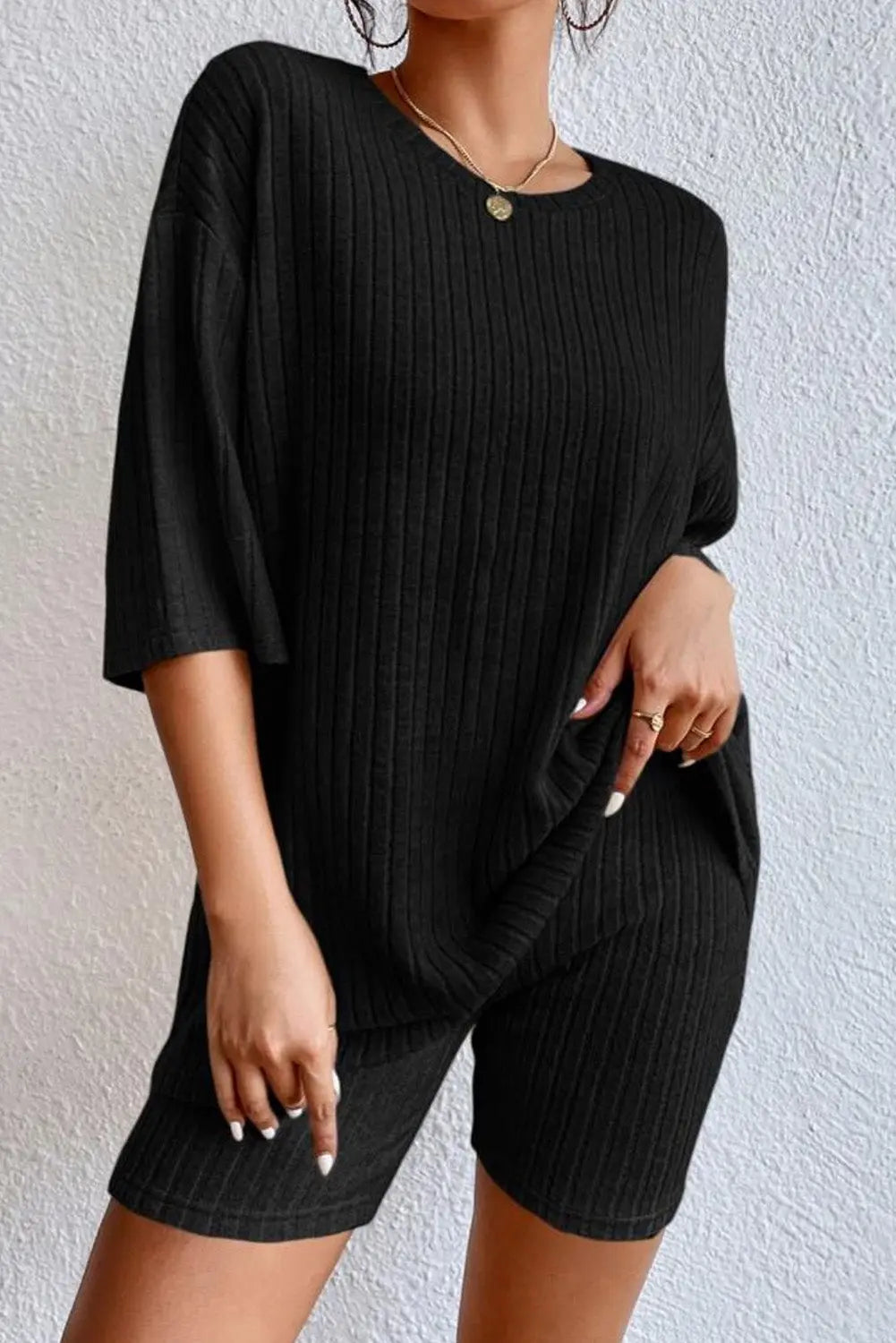 Pink Plain Ribbed Loose Fit Two Piece Lounge Set eAura