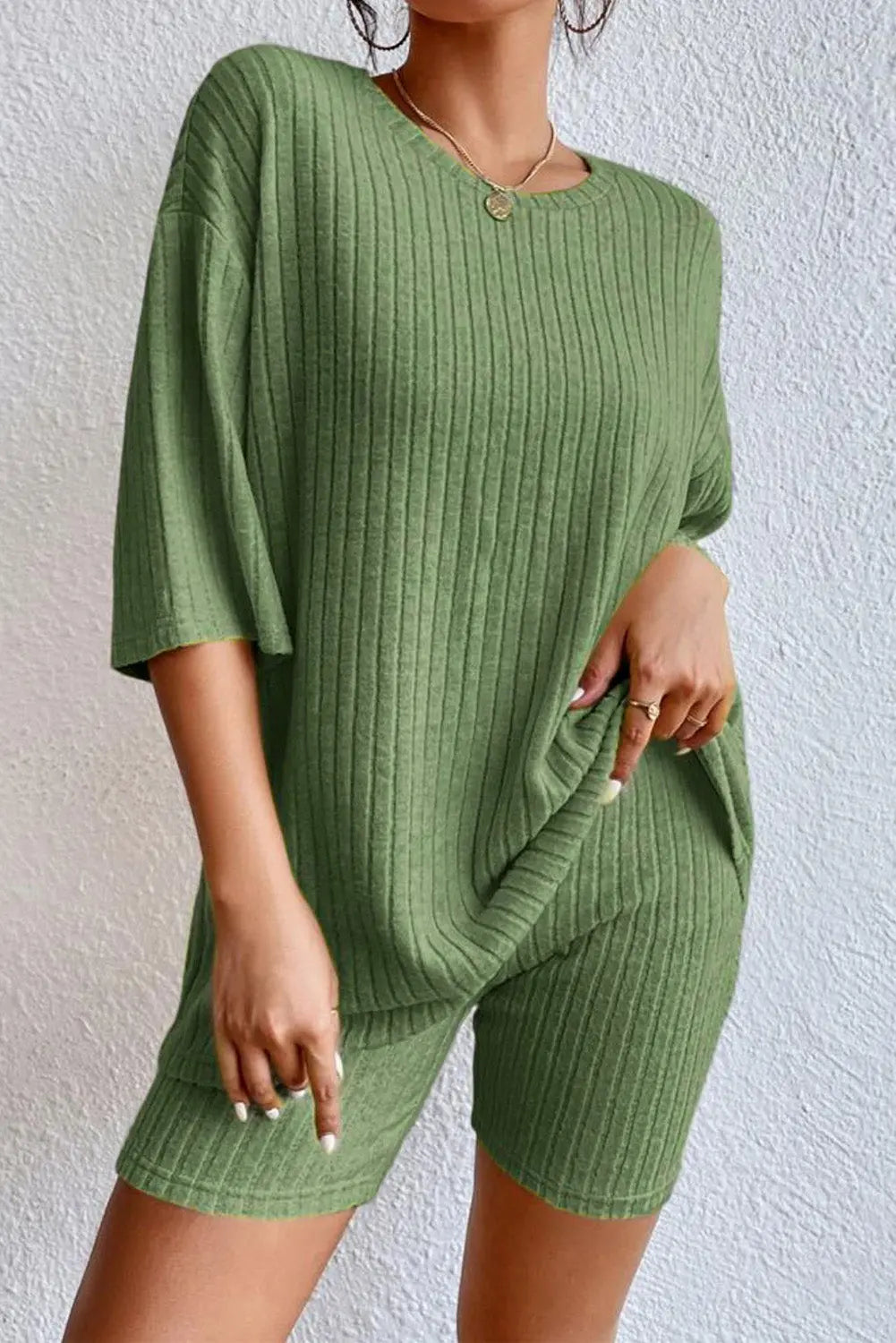 Pink Plain Ribbed Loose Fit Two Piece Lounge Set eAura