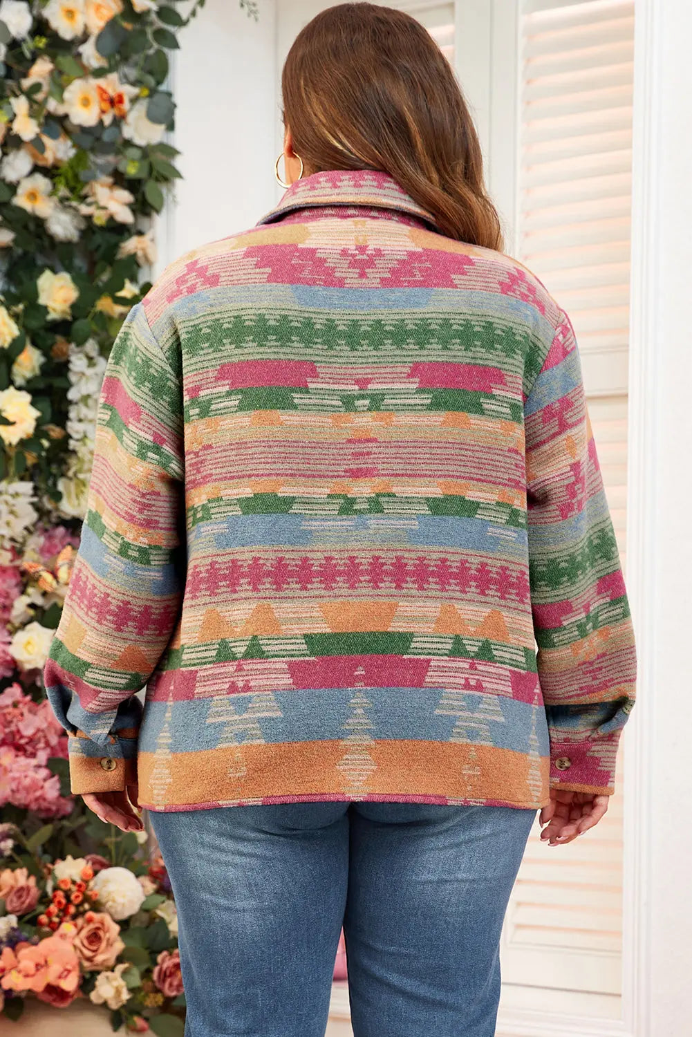 Pink Plus Size Aztec Printed Flap Pocket Shacket Beagle Boutique Fashion Outlet