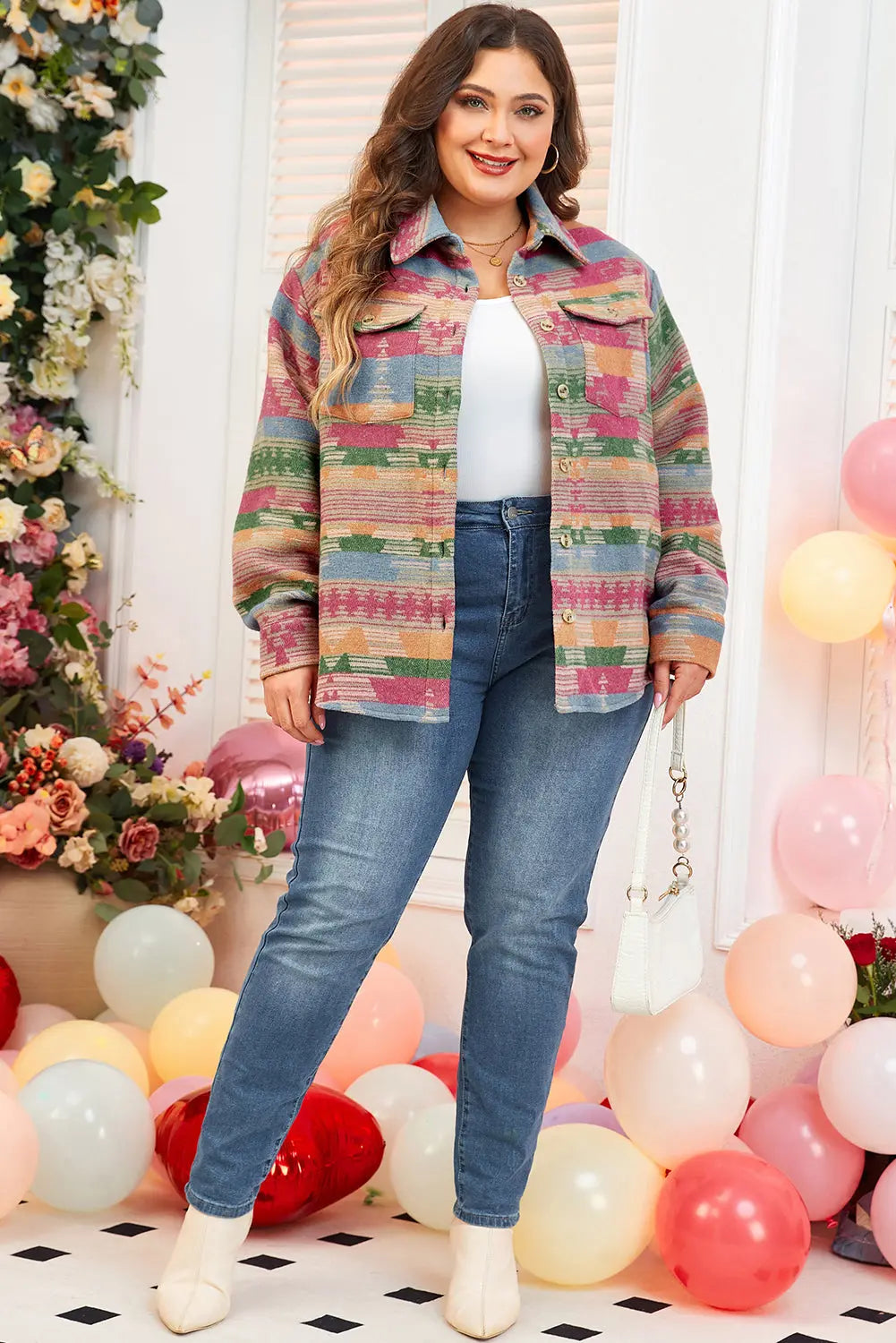 Pink Plus Size Aztec Printed Flap Pocket Shacket Beagle Boutique Fashion Outlet
