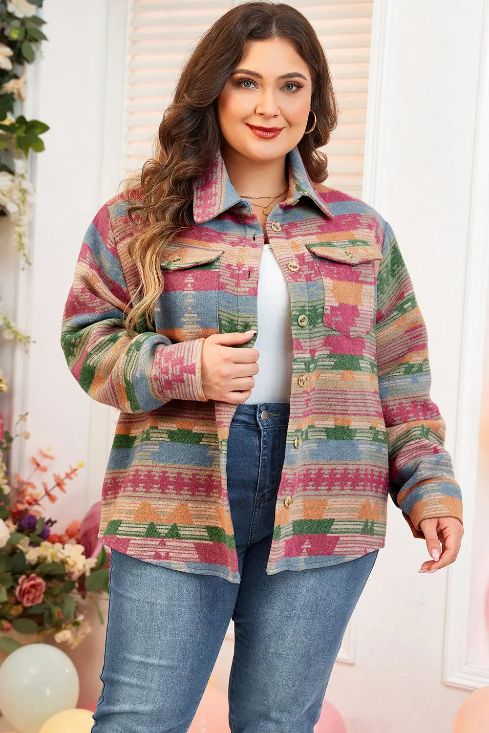 Pink Plus Size Aztec Printed Flap Pocket Shacket Beagle Boutique Fashion Outlet