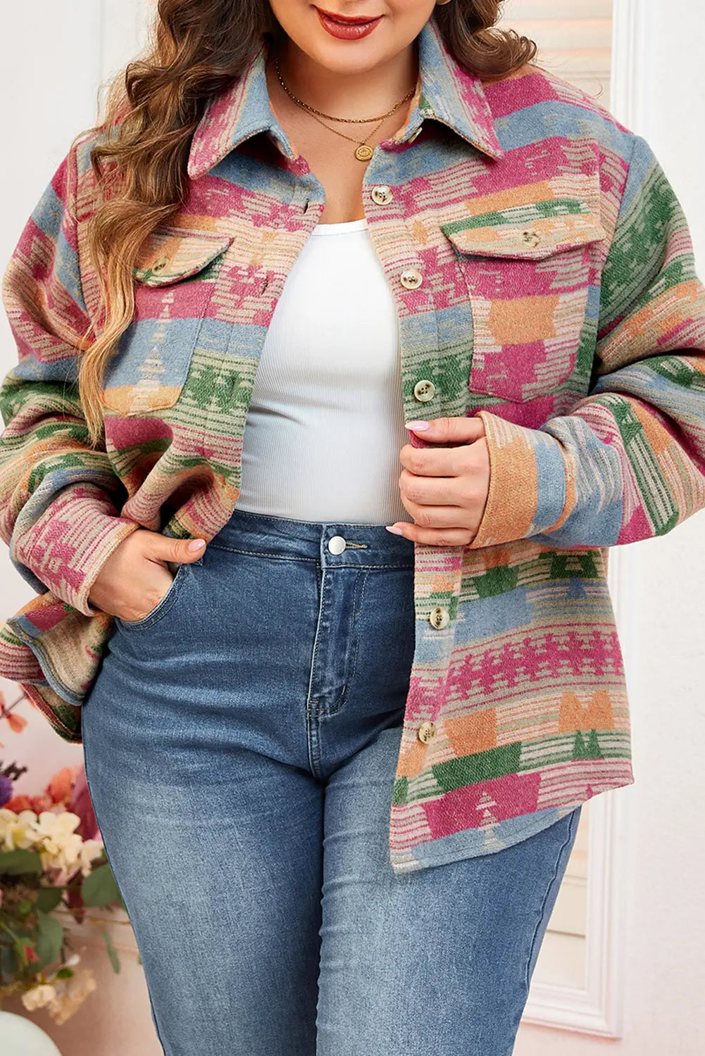 Pink Plus Size Aztec Printed Flap Pocket Shacket Beagle Boutique Fashion Outlet