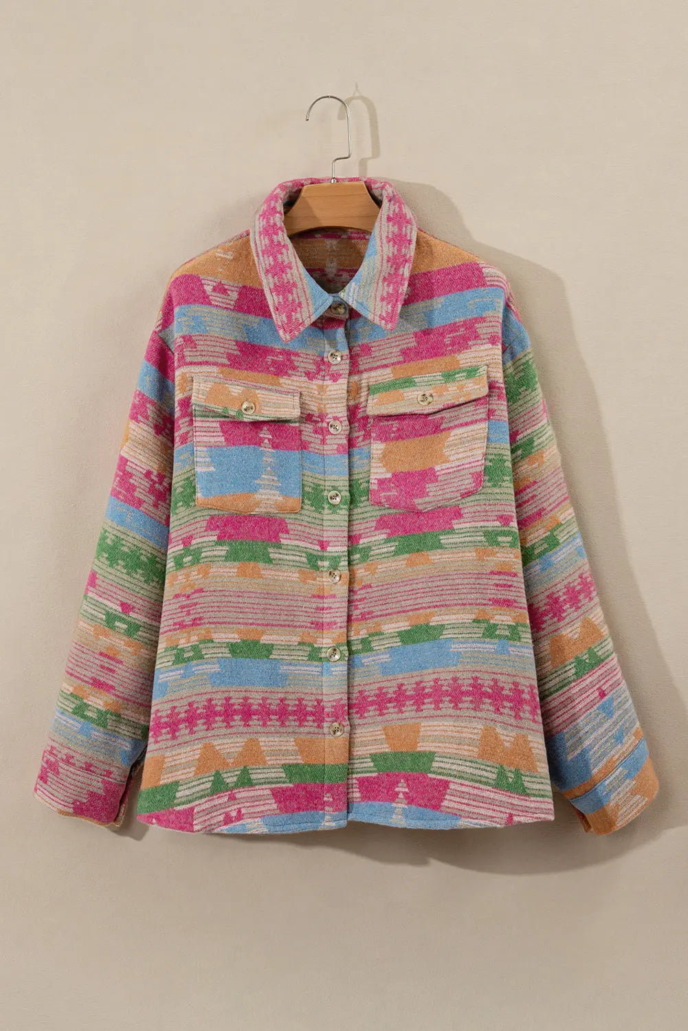 Pink Plus Size Aztec Printed Flap Pocket Shacket Beagle Boutique Fashion Outlet