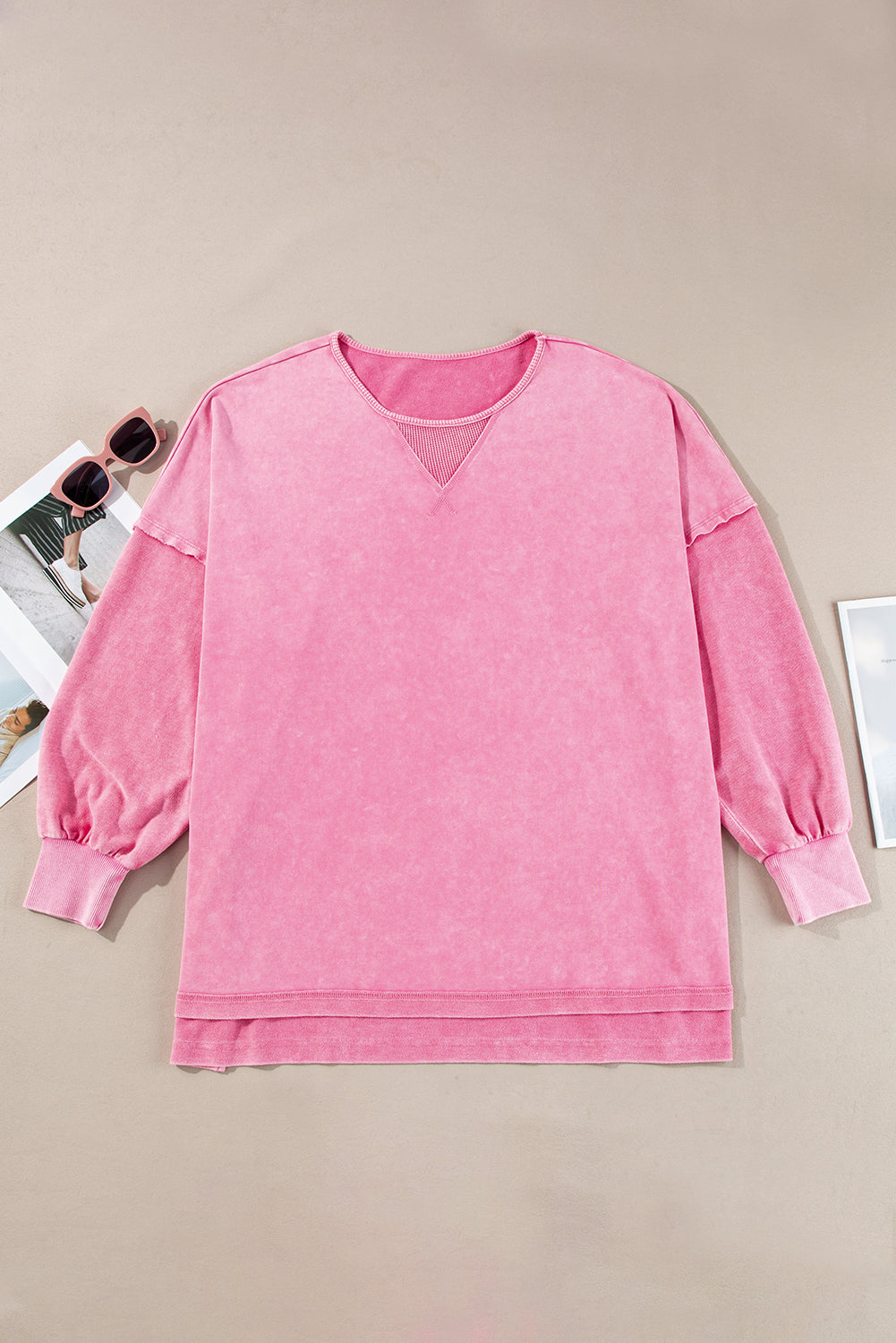 Pink Plus Size Mineral Wash Drop Shoulder Round Neck Sweatshirt - eAura