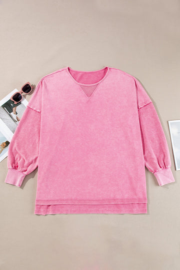 Pink Plus Size Mineral Wash Drop Shoulder Round Neck Sweatshirt - eAura