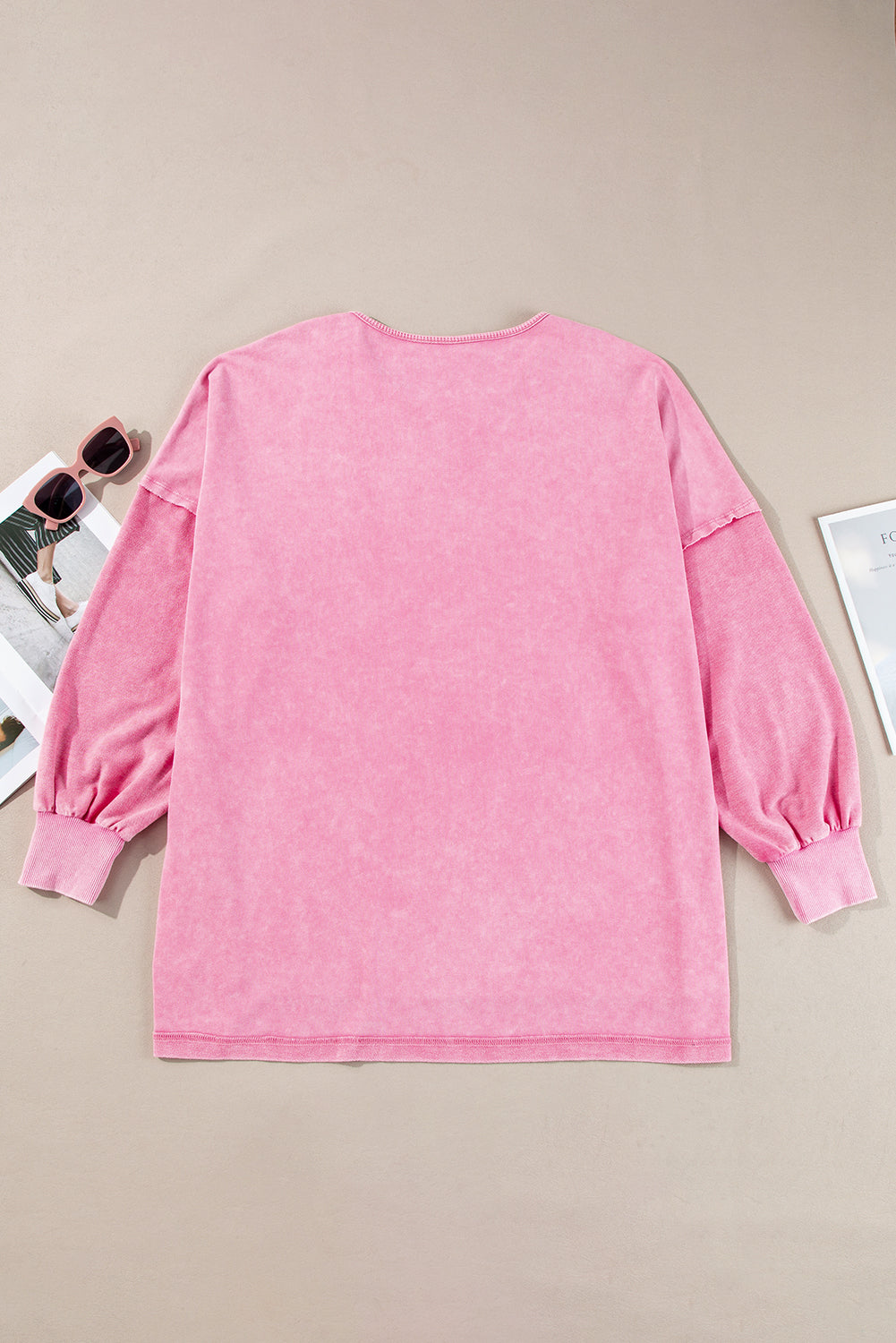 Pink Plus Size Mineral Wash Drop Shoulder Round Neck Sweatshirt - eAura