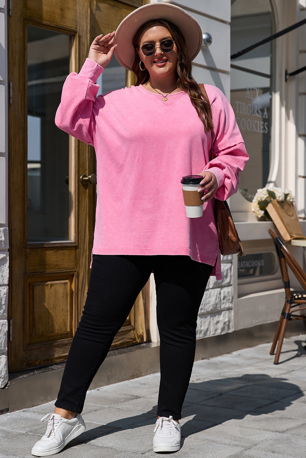 Pink Plus Size Mineral Wash Drop Shoulder Round Neck Sweatshirt - eAura