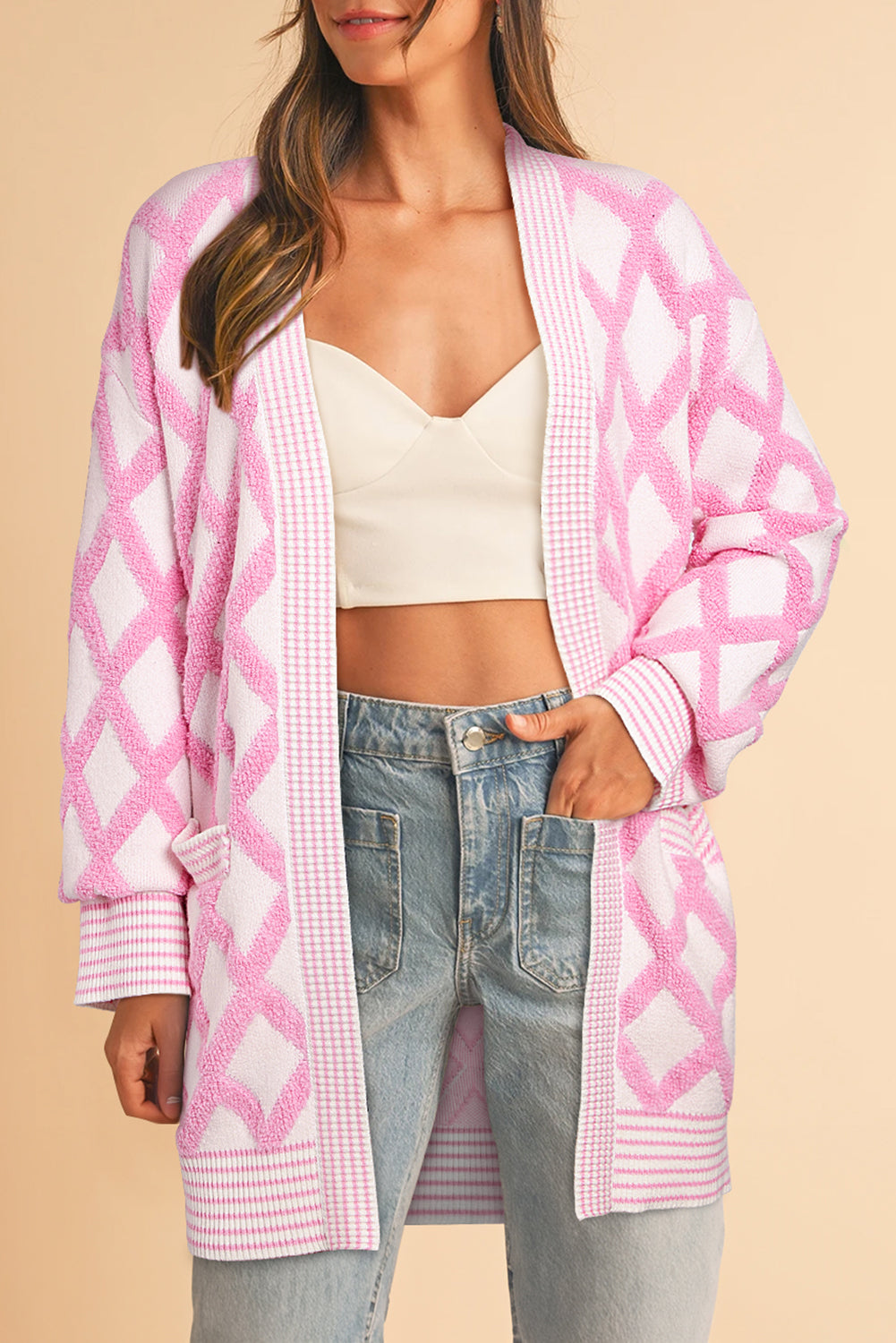 Pink Rhombus Pattern Knit Open Front Pocketed Cardigans - eAura