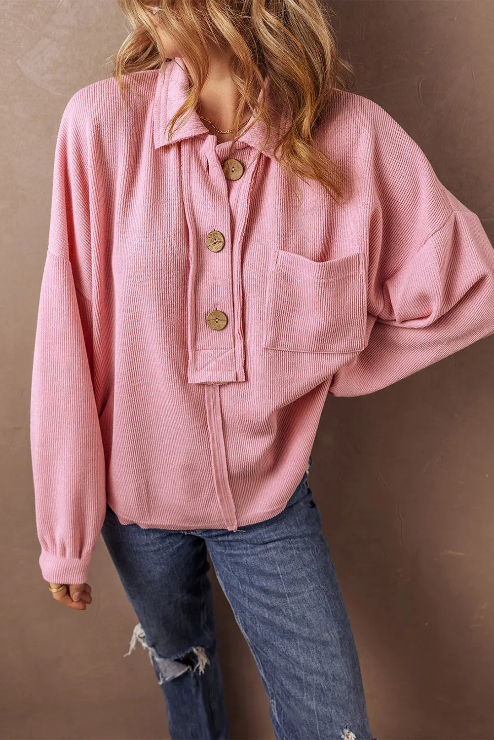 Pink Ribbed Knit Collared Henley Top with Chest Pocket - BB Fashion Outlet
