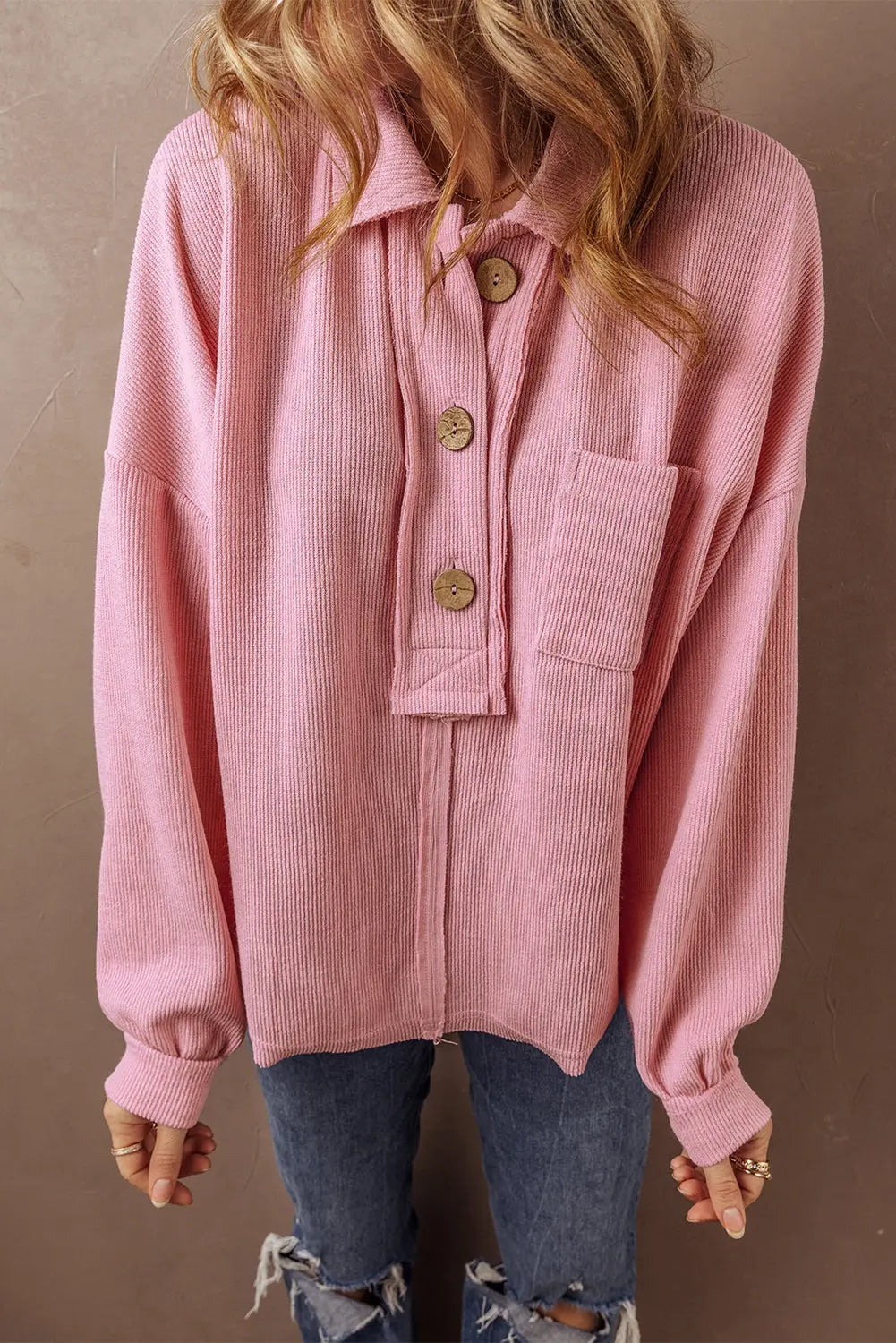 Pink Ribbed Knit Collared Henley Top with Chest Pocket - BB Fashion Outlet