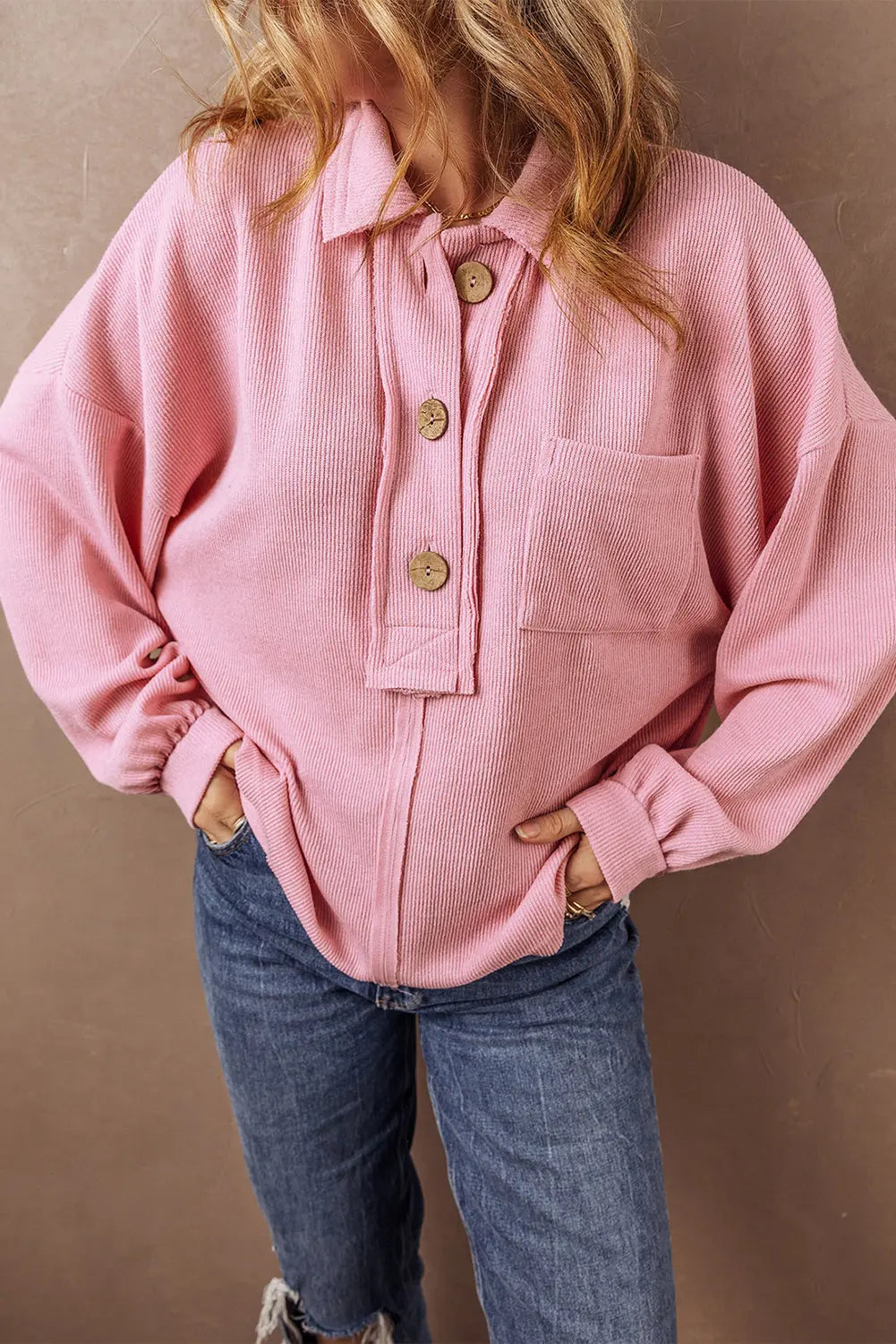 Pink Ribbed Knit Collared Henley Top with Chest Pocket - BB Fashion Outlet