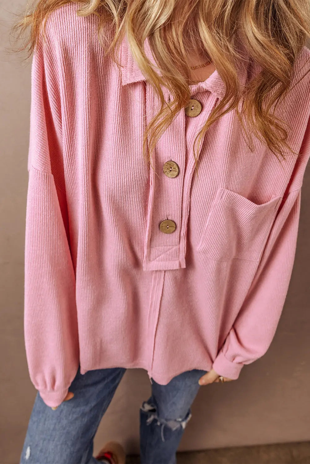 Pink Ribbed Knit Collared Henley Top with Chest Pocket - BB Fashion Outlet