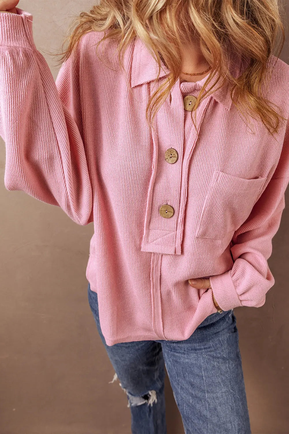 Pink Ribbed Knit Collared Henley Top with Chest Pocket - BB Fashion Outlet