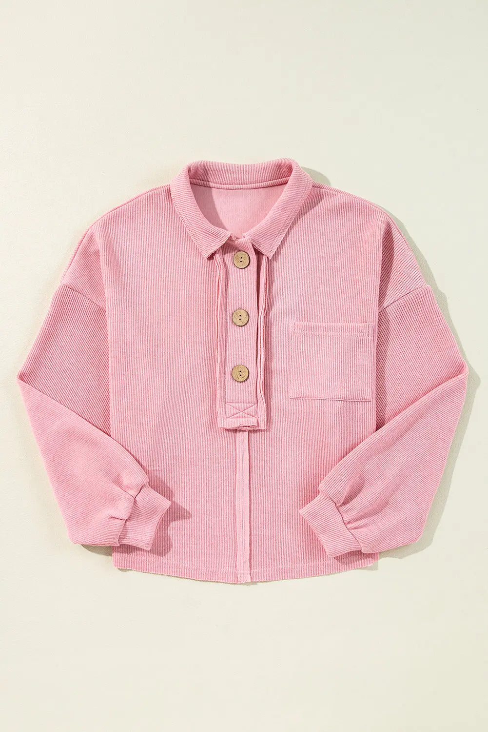 Pink Ribbed Knit Collared Henley Top with Chest Pocket - BB Fashion Outlet