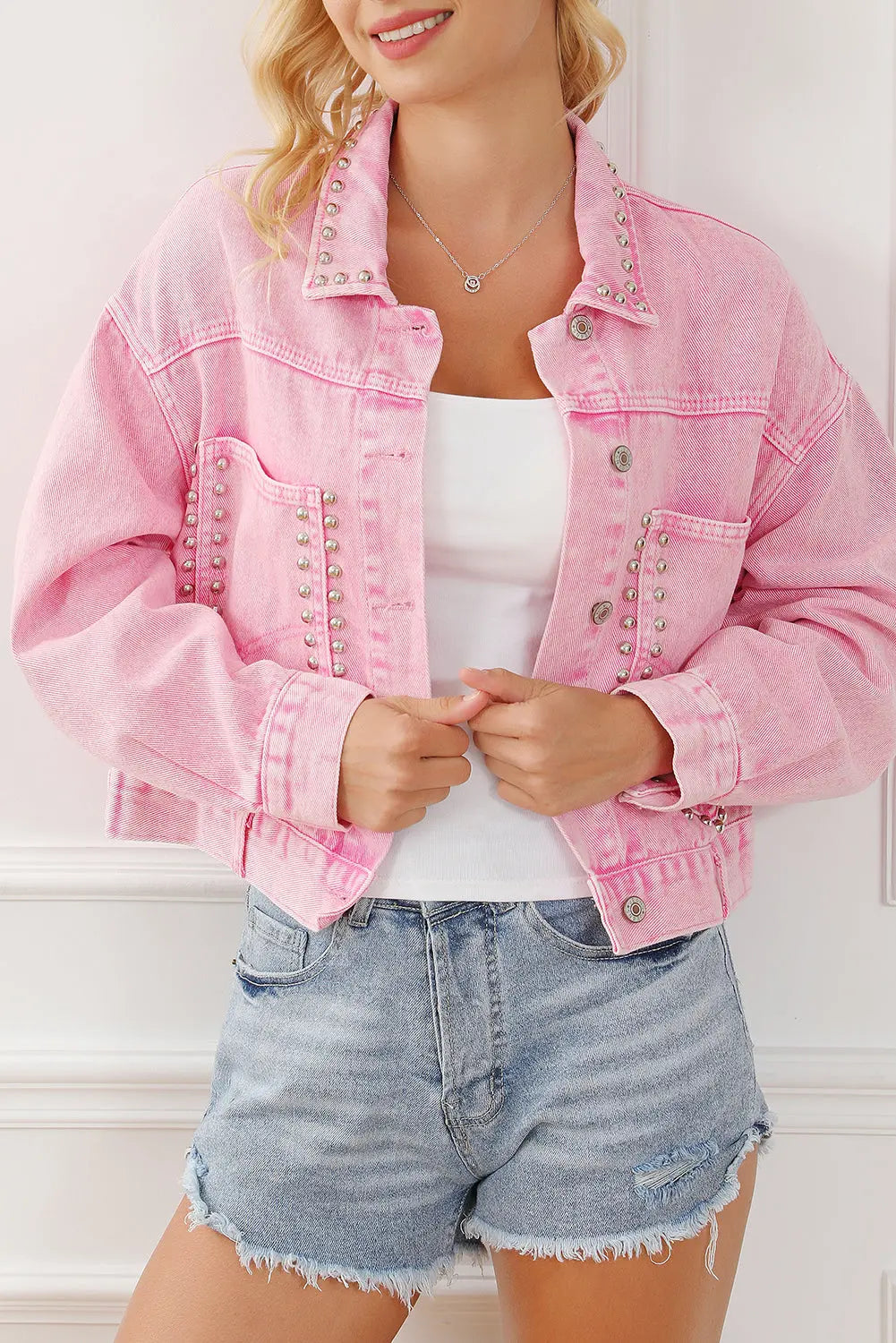 Pink Rivet Studded Pocketed Denim Jacket - eAura