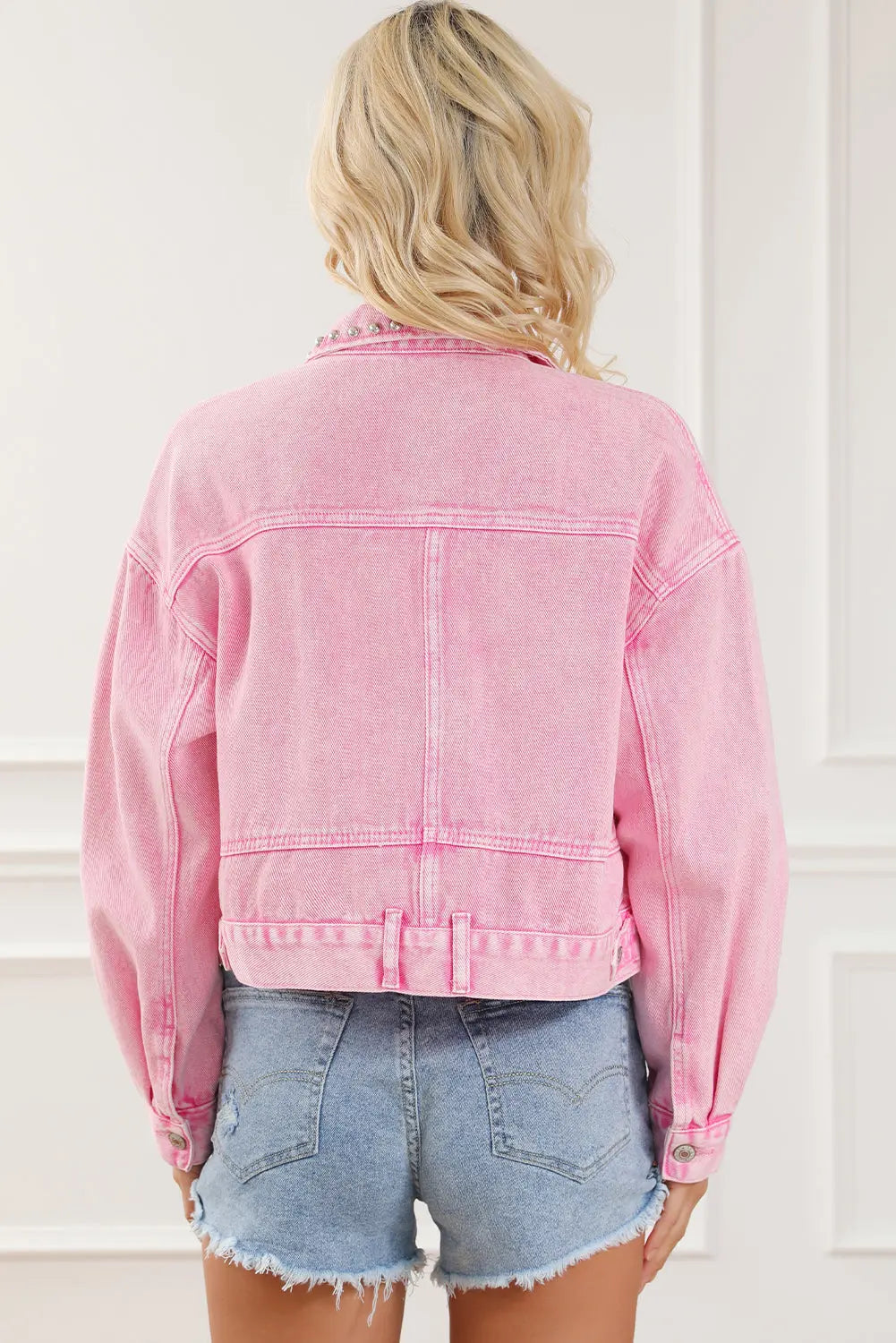 Pink Rivet Studded Pocketed Denim Jacket - eAura