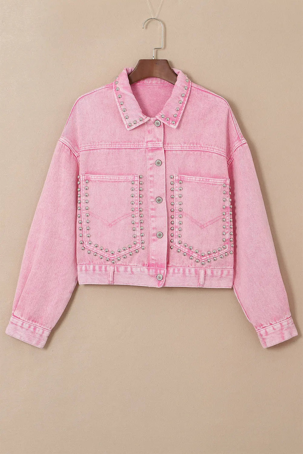 Pink Rivet Studded Pocketed Denim Jacket - eAura