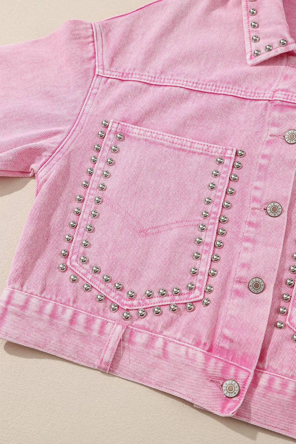 Pink Rivet Studded Pocketed Denim Jacket - eAura