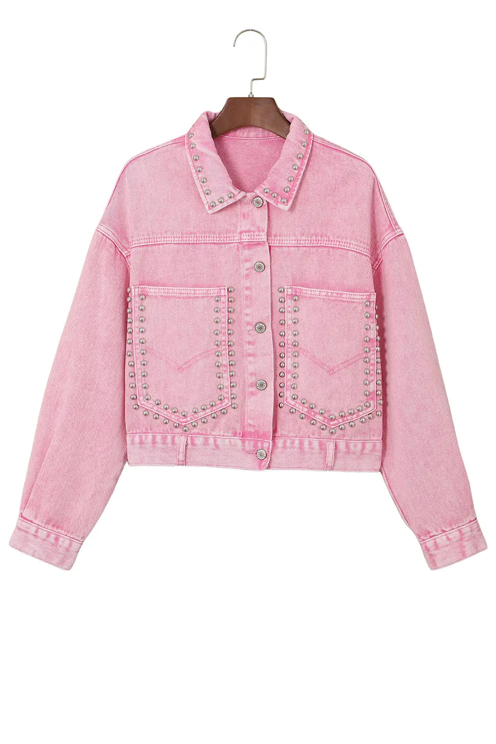 Pink Rivet Studded Pocketed Denim Jacket - eAura