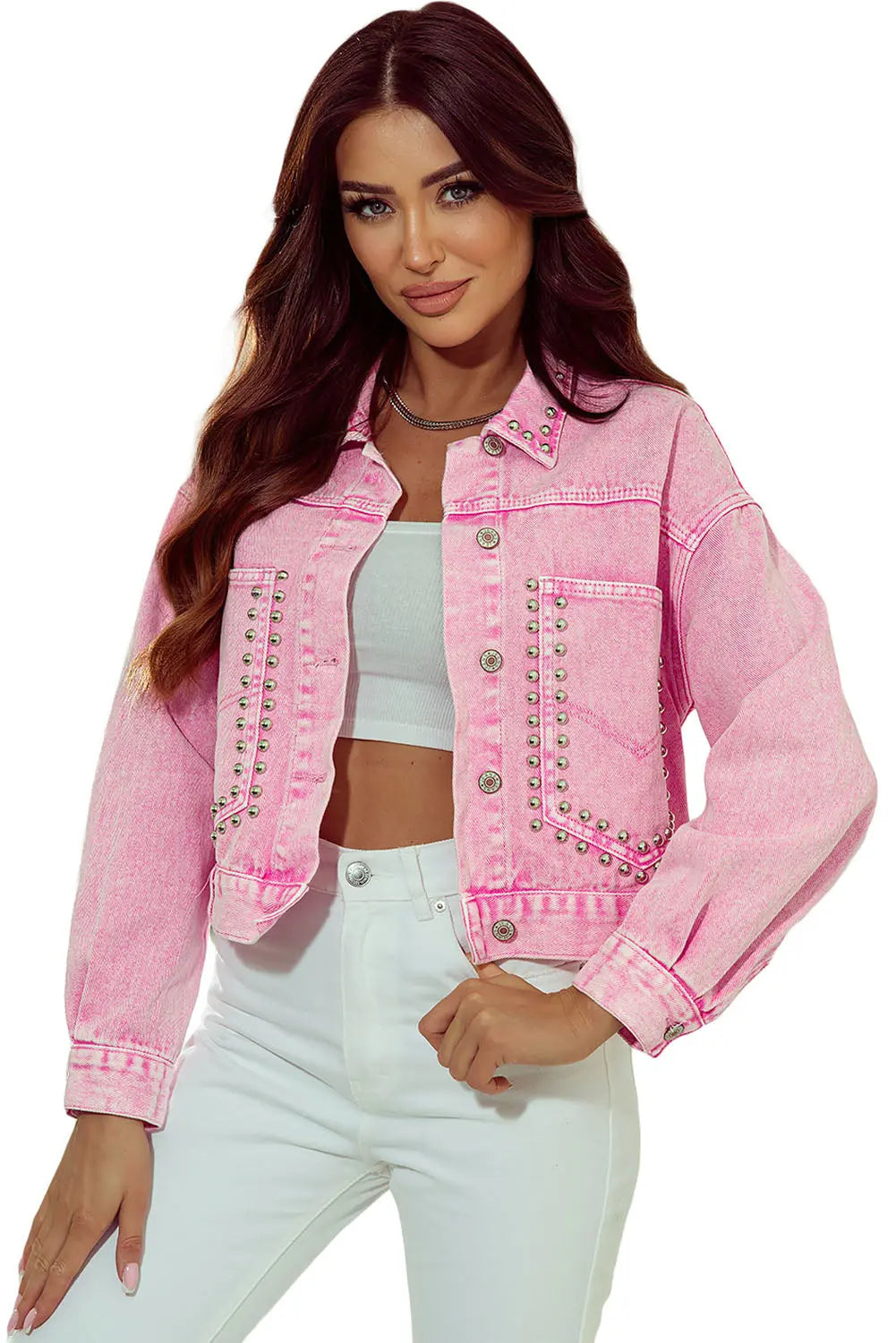 Pink Rivet Studded Pocketed Denim Jacket - eAura