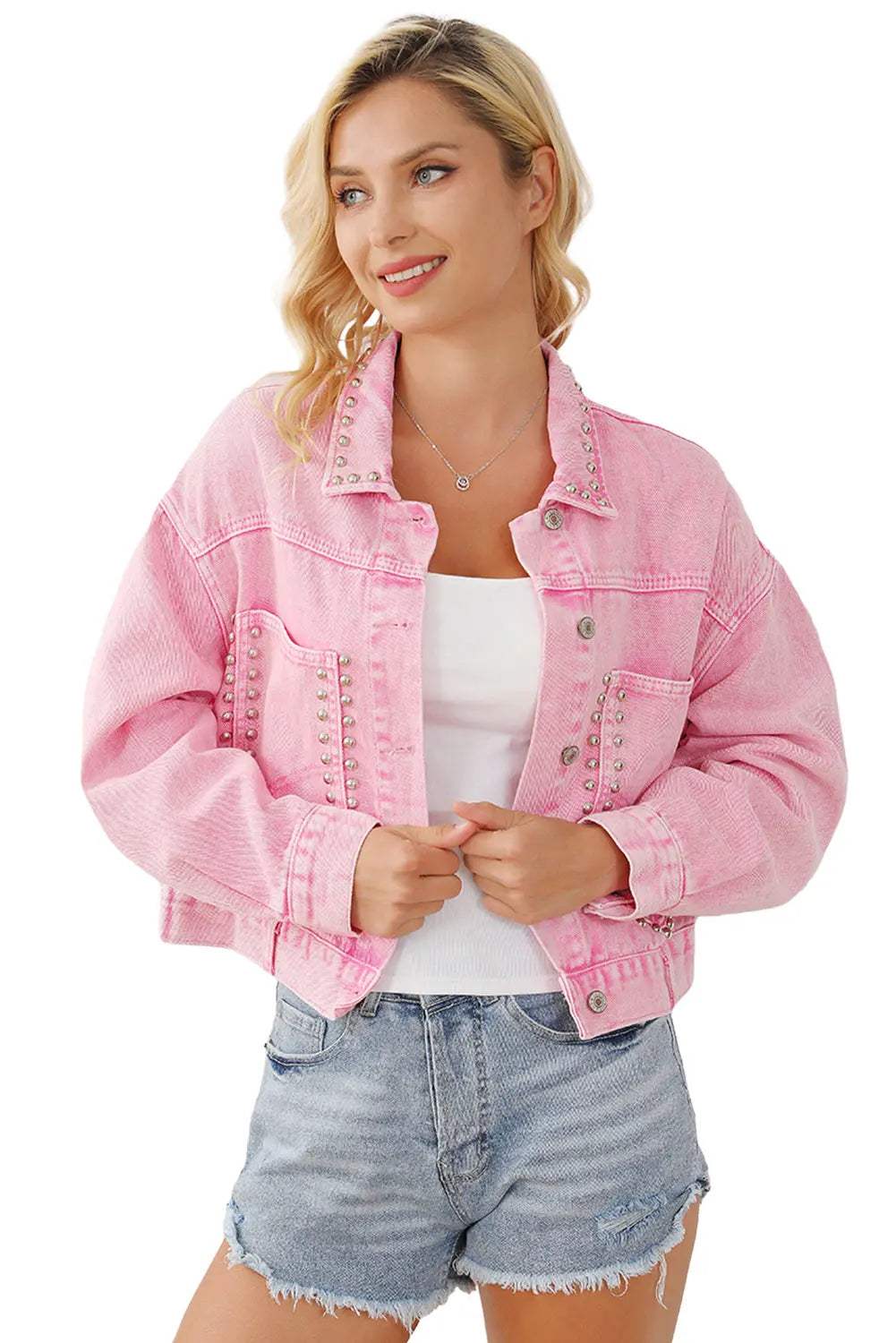 Pink Rivet Studded Pocketed Denim Jacket - eAura