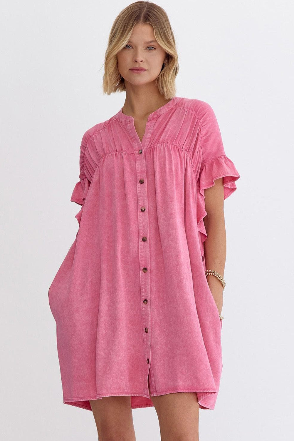 Pink Ruffled Short Sleeve Buttoned Denim Mini Dress - eAura