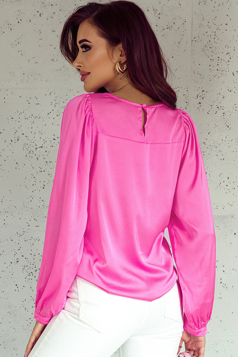 Pink Satin Puff Long Sleeve Crewneck Blouse - eAura