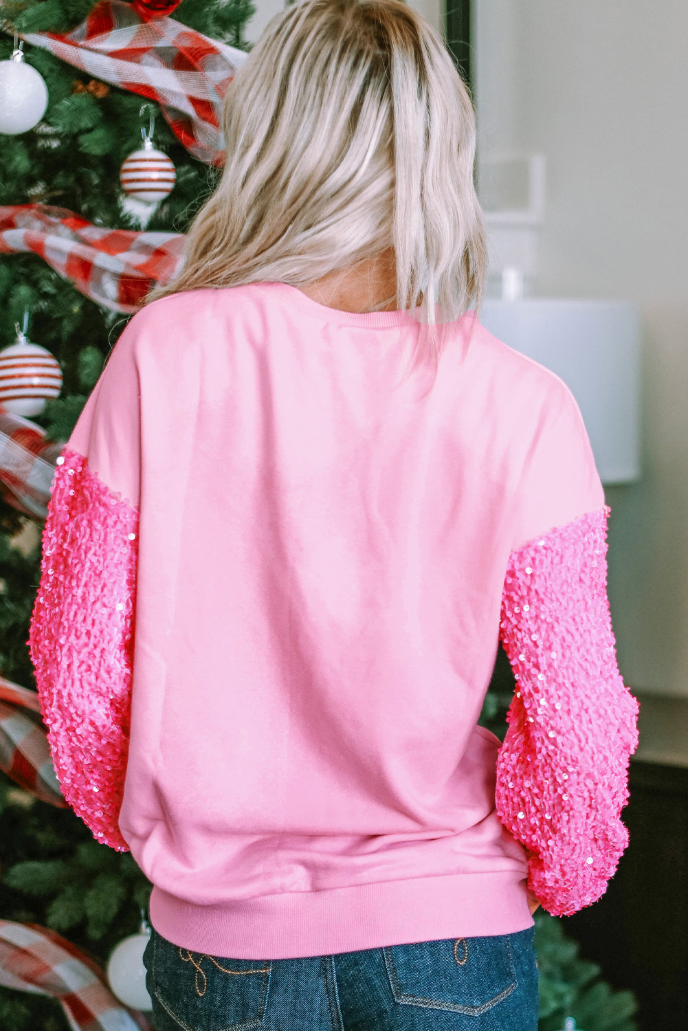 Pink Sequin Patchwork Long Sleeve Pullover Top - eAura