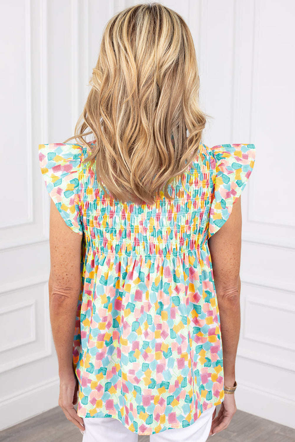 Pink Shirred Yoke Ruffled Abstract Printed Blouse - eAura