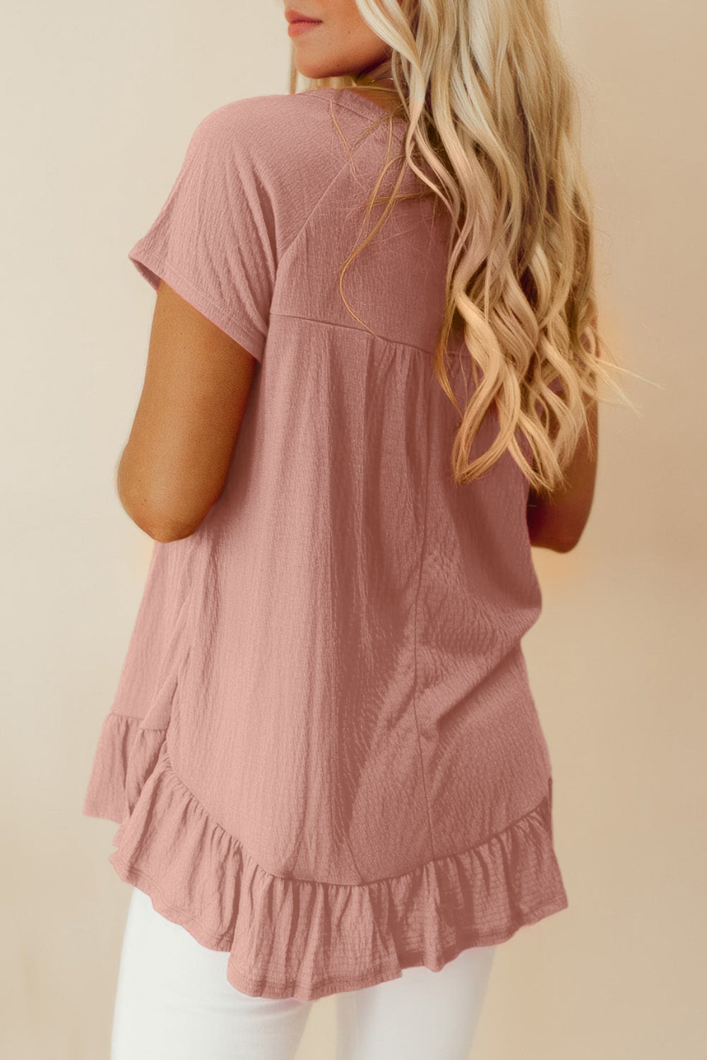 Pink Solid Short Sleeve Ruffle Hem Top - eAura