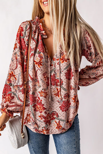 Pink Split V Neck Printed Blouse - eAura